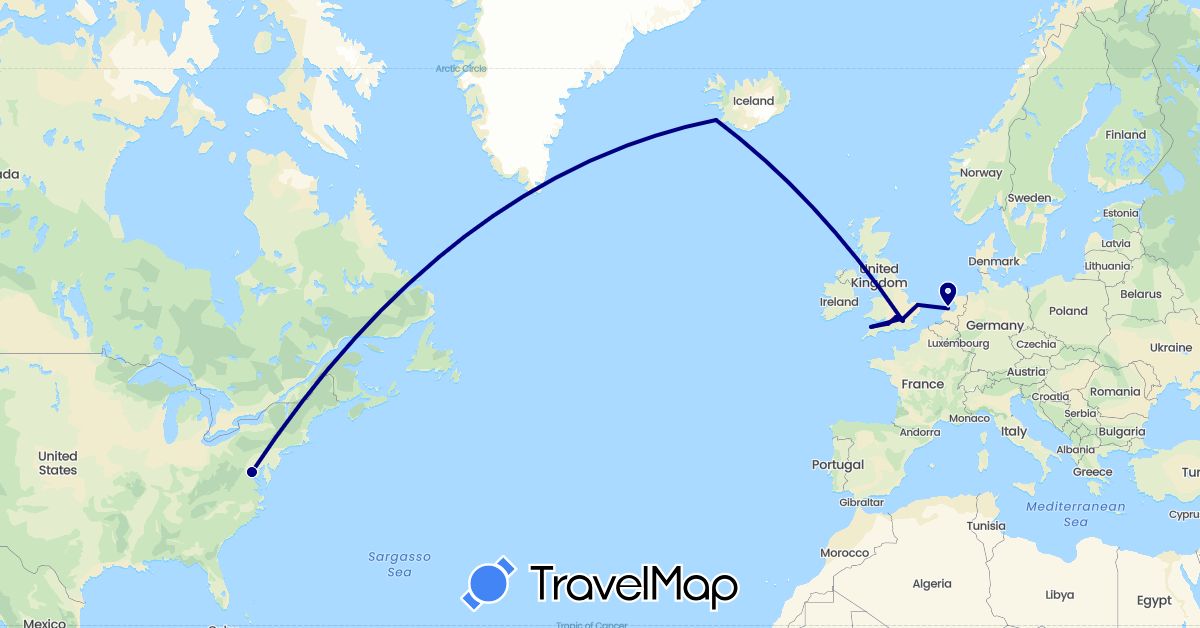 TravelMap itinerary: driving in United Kingdom, Iceland, Netherlands, United States (Europe, North America)